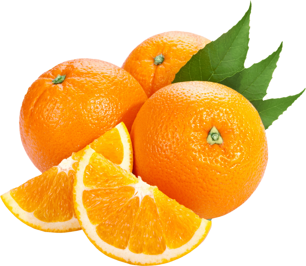 Three whole oranges with glossy, textured skins are arranged closely together. Two fresh green leaves are attached to the top right orange. In the foreground, two orange slices display their vibrant, juicy insides. The background is plain white, symbolizing the professional precision of certified IV nurses.