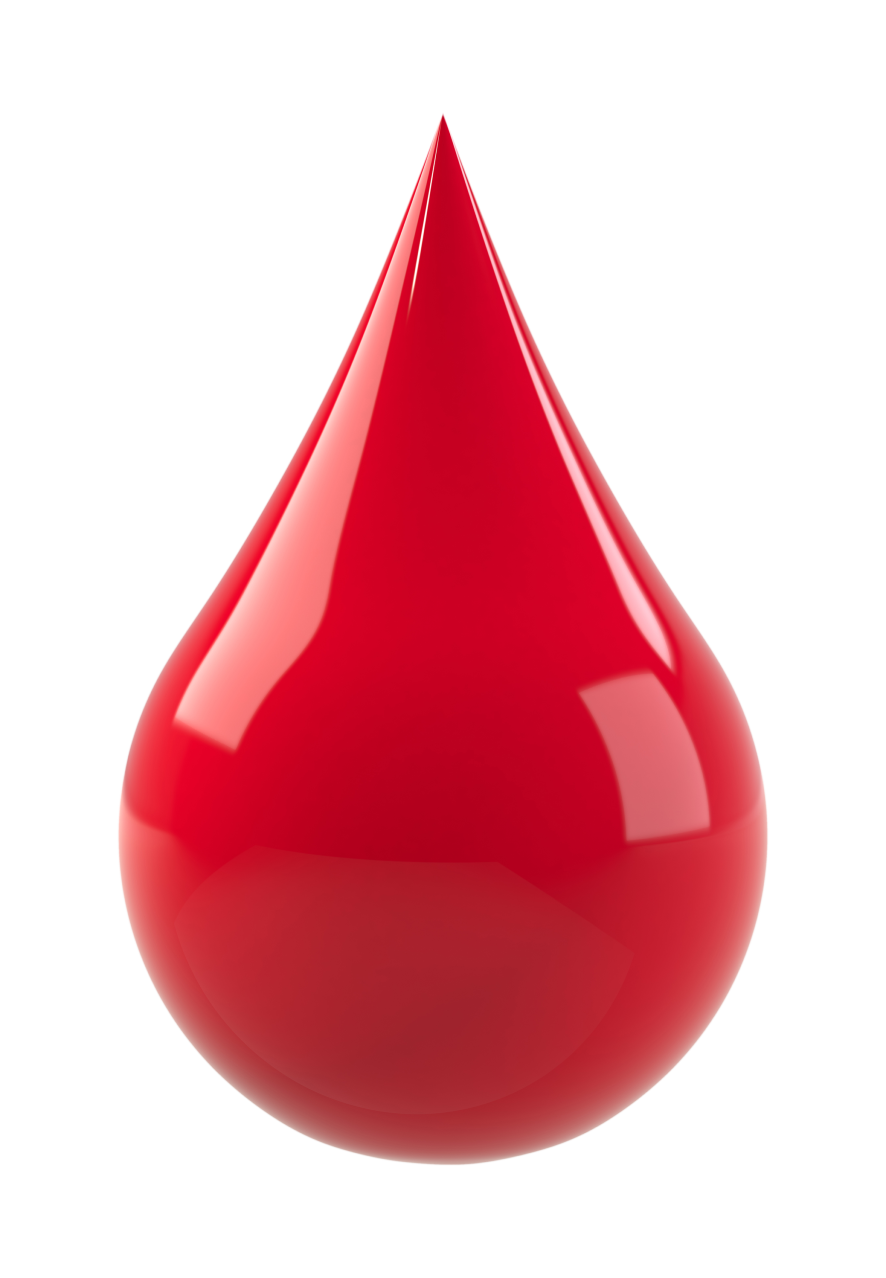 A shiny, red droplet resembling a drop of blood or liquid, isolated on a white background.