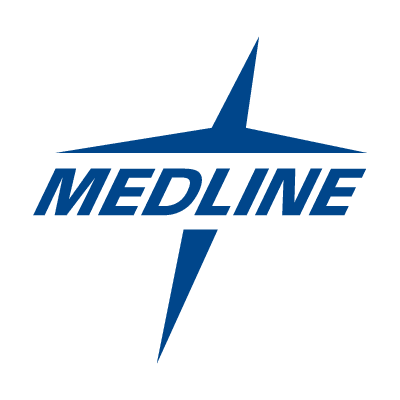Blue Medline logo with the word “MEDLINE” in bold uppercase letters, overlaid on a four-pointed star design on a light gray background.