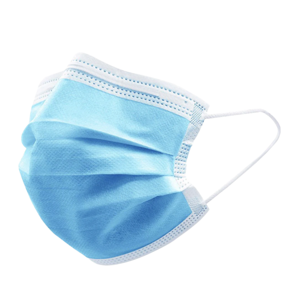 A blue disposable surgical face mask with white ear loops, shown against a plain light background.