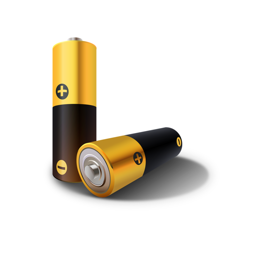 Two AA batteries with a gold and black design. One battery is standing upright showing the positive terminal, and the other is lying down showing the negative terminal, both casting a shadow.