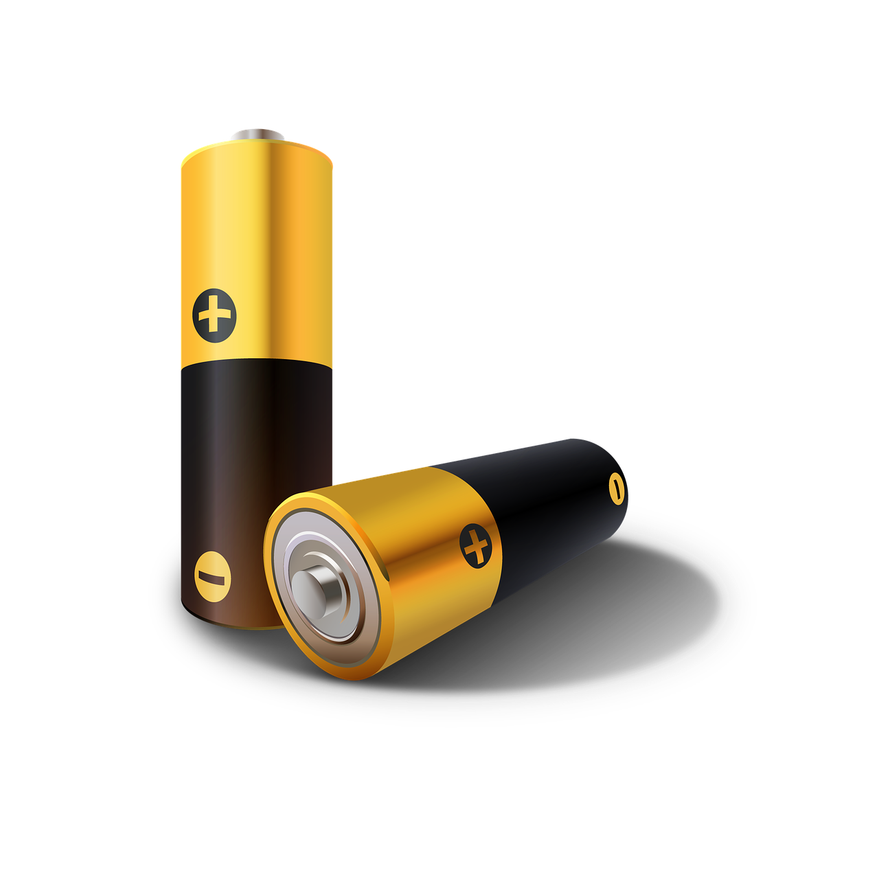 Two AA batteries with a gold and black design. One battery is standing upright showing the positive terminal, and the other is lying down showing the negative terminal, both casting a shadow.