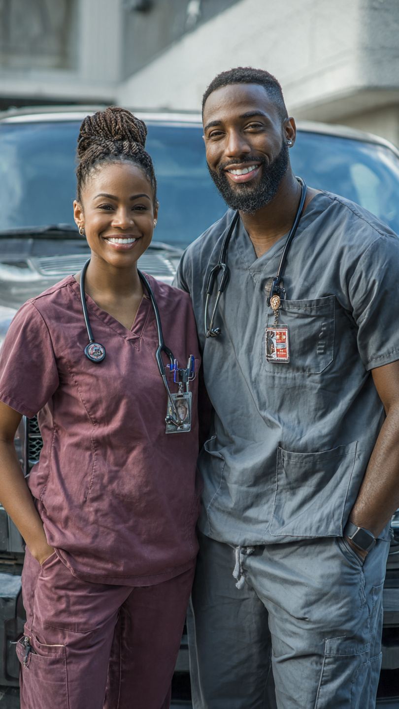 Two smiling healthcare professionals, a woman and a man, stand side by side in scrubs with stethoscopes around their necks, posing outdoors in front of a vehicle.