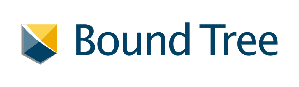 Bound Tree logo with a geometric shield design in blue, gray, and yellow on the left, followed by the words "Bound Tree" in blue text on a light background.