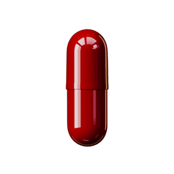 A shiny, bright red capsule-shaped pill is centered on a plain white background.
