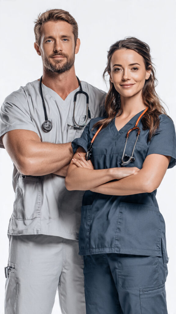 A male and a female healthcare professional in scrubs, both with stethoscopes around their necks, standing side by side and smiling confidently at the camera against a plain background.