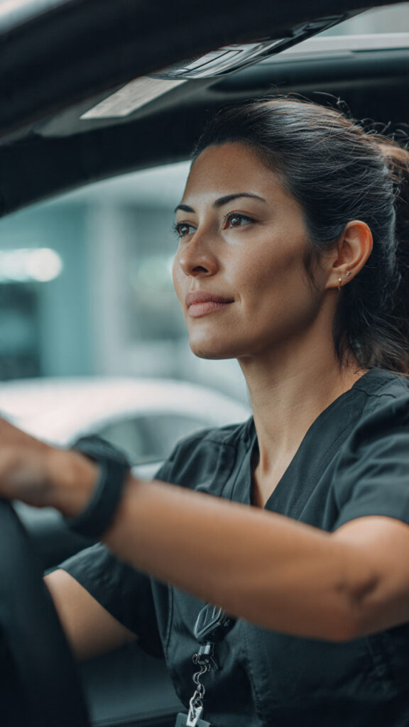 A woman wearing dark scrubs sits in the driver’s seat of a car, looking ahead with a focused expression. She has dark hair pulled back and wears a smartwatch and lanyard.