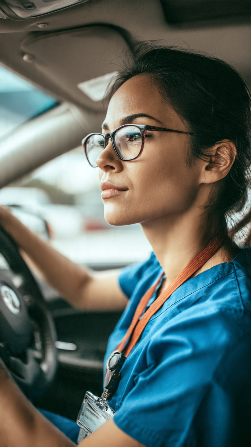 A woman wearing glasses and blue medical scrubs sits in a car, holding the steering wheel and looking forward with a focused expression. She has a lanyard and ID badge around her neck.
