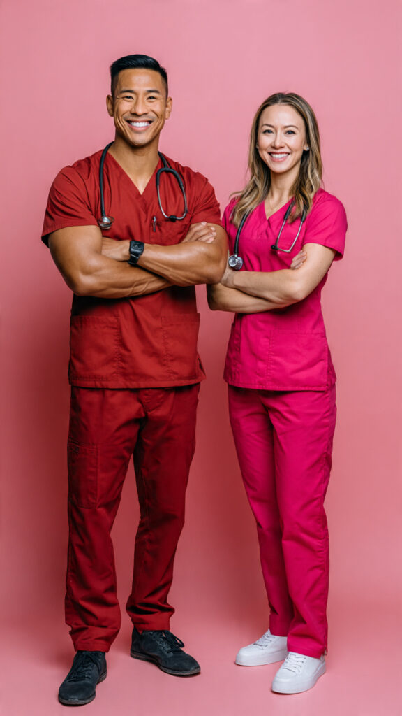 Two healthcare professionals stand smiling against a pink background, both with arms crossed. The man wears red scrubs and a stethoscope, the woman wears pink scrubs and a stethoscope, and both look confident and friendly.