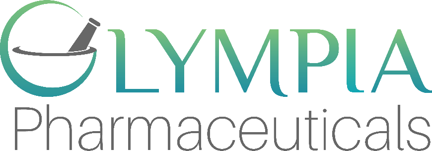 Logo for Olympia Pharmaceuticals featuring a stylized mortar and pestle forming the letter "O" in "Olympia," with "Pharmaceuticals" written below in grey text.