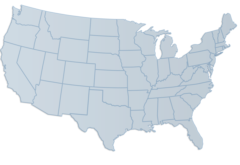 A light blue outline map of the United States showing all 50 states with state boundaries marked, but no labels, names, or additional features included.