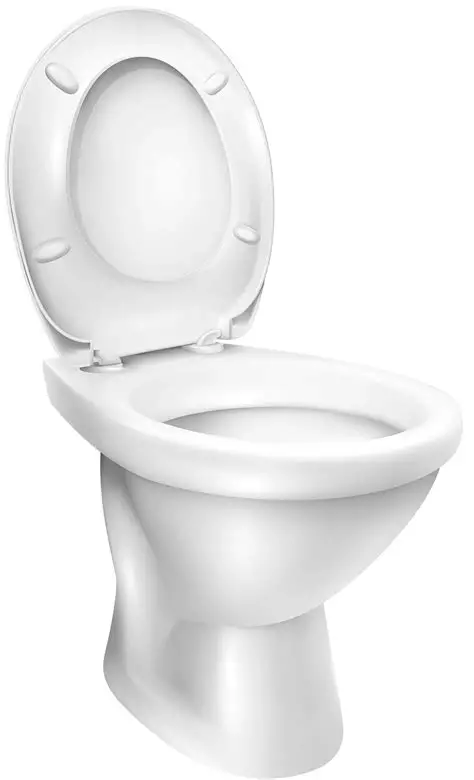 A white ceramic toilet with the lid open, viewed from a slight angle, showing the seat and bowl on a plain white background.
