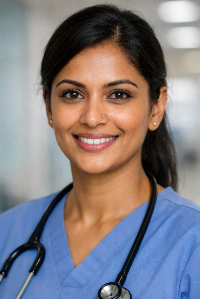 A woman wearing blue medical scrubs and a stethoscope smiles at the camera. She has dark hair pulled back and stands in a bright, blurred indoor setting, likely a hospital or clinic.
