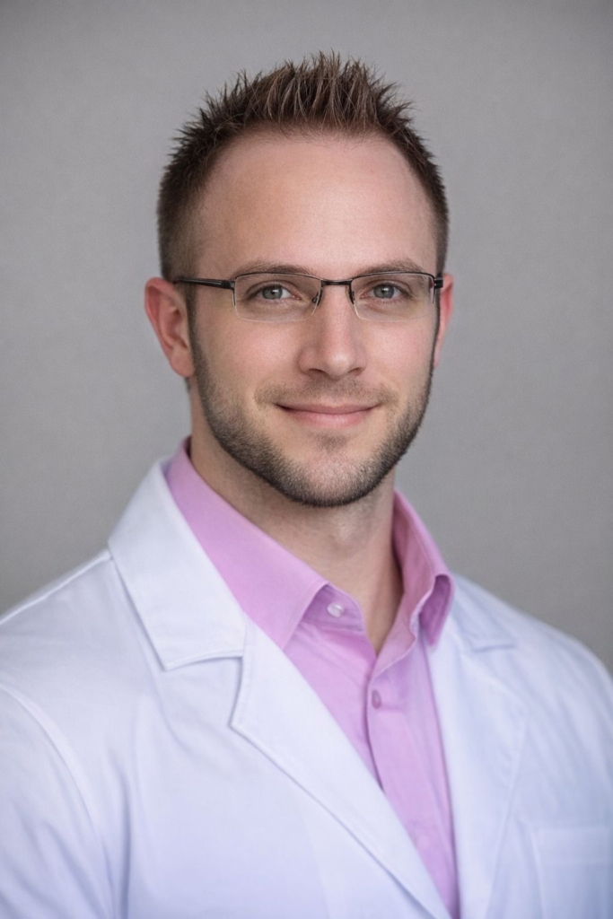 A man with short brown hair and glasses, wearing a white lab coat over a light pink shirt, stands in front of a plain gray background, smiling slightly at the camera.