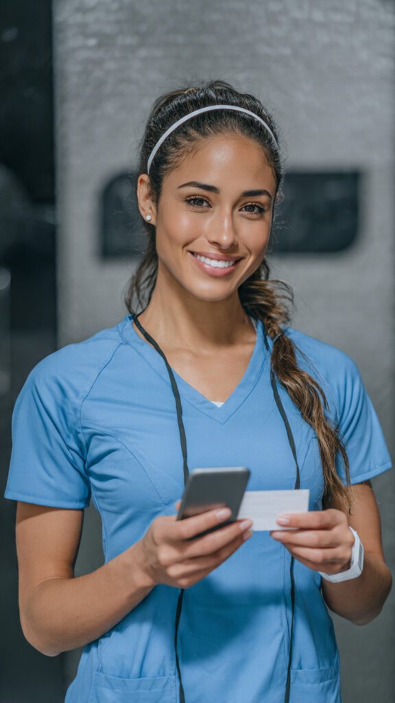 A smiling woman in blue medical scrubs holds a smartphone and a white card. She has long dark hair pulled back with a headband and stands indoors against a blurred background.