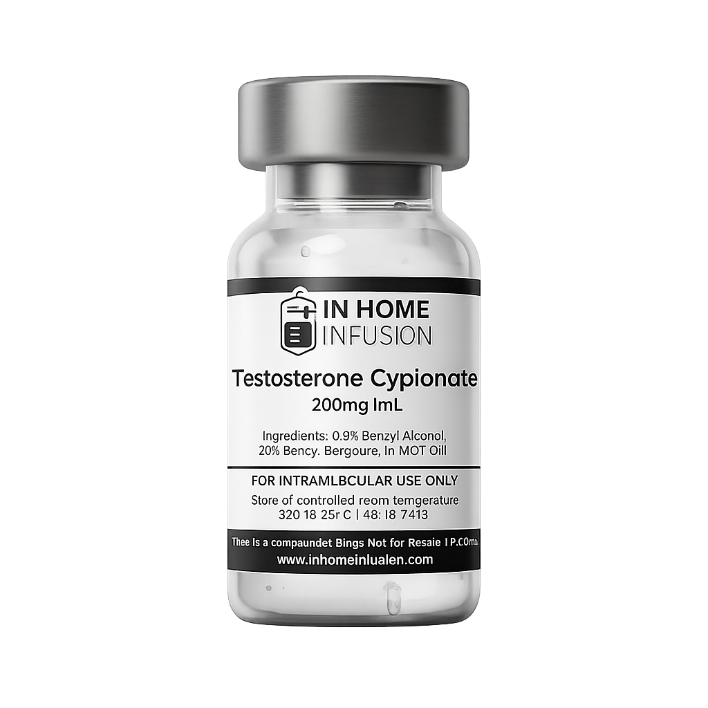 A clear vial labeled "In Home Infusion Testosterone Cypionate 200mg/mL" with ingredient and usage details, intended for intramuscular use only, against a white background.