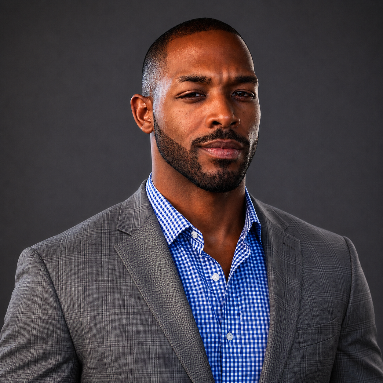 A man in a gray plaid suit and blue checked shirt stands confidently against a dark background, looking directly at the camera with a slight, serious smile—as if ready to lead the Mobile IV Therapy Team with professionalism and assurance.